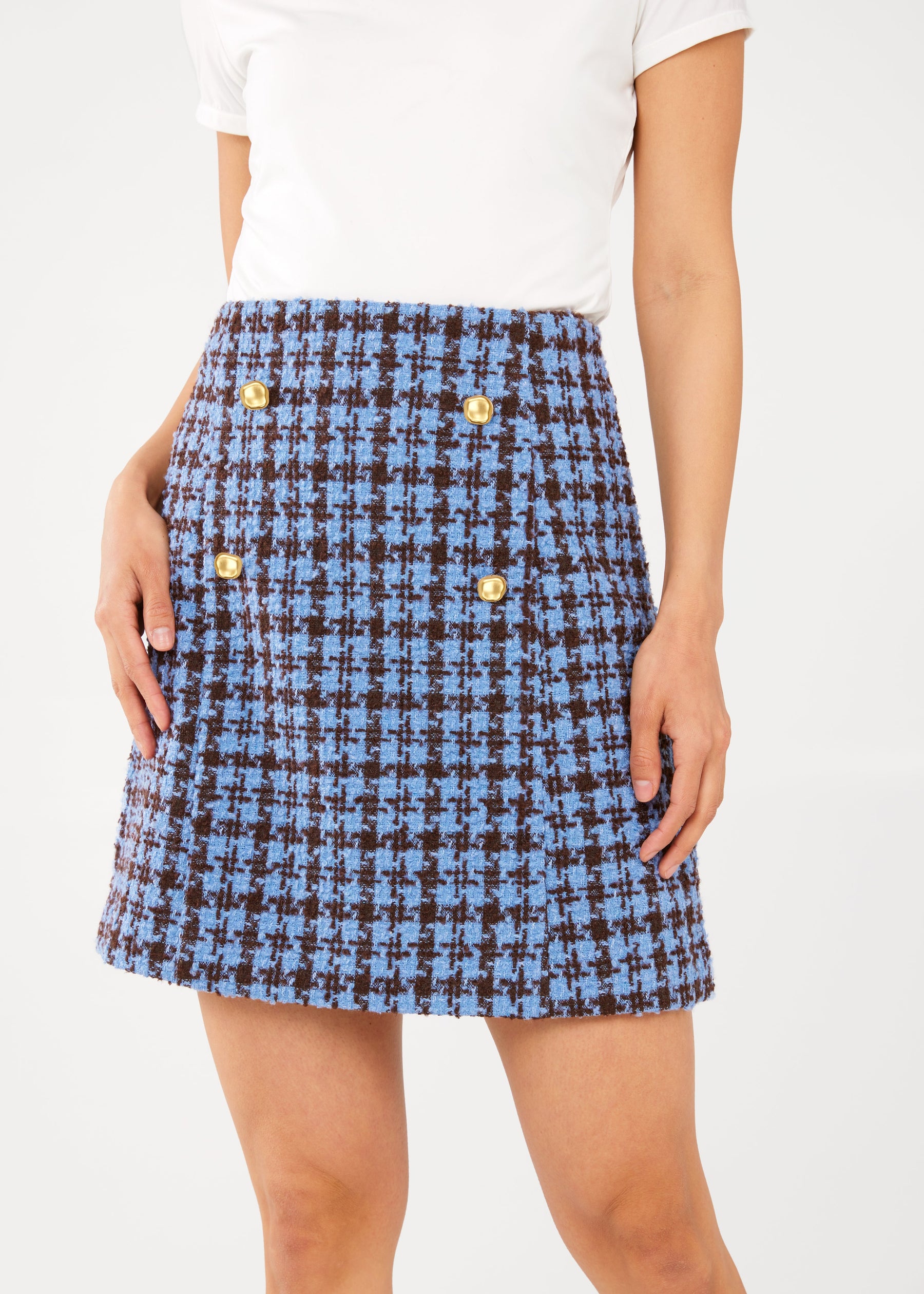 Jessica Skirt Blue and Brown Houndstooth Tweed