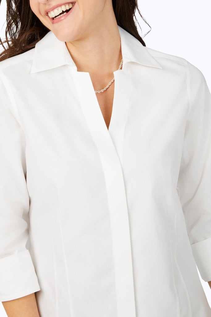 Open neckline view of the Taylor pinpoint 3/4 sleeve shirt in #color_white