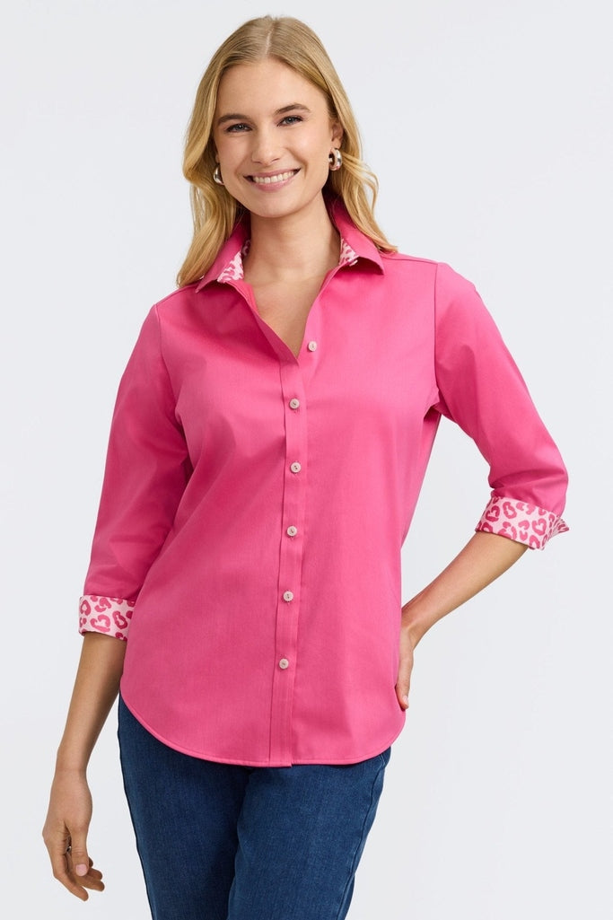 Front view of the Margie Stretch Matte Sateen 3/4 Sleeve Shirt with folded cuffs showing the print and a folded collar #color_pink flambe