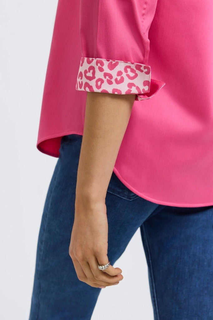 Close up of the folded cuff showing the pattern on the Margie Stretch Matte Sateen 3/4 Sleeve Shirt #color_pink flambe