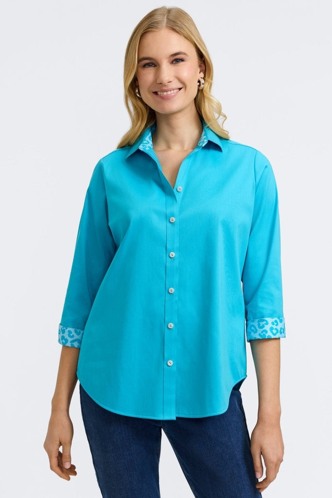 Front view of the Margie Stretch Matte Sateen 3/4 Sleeve Shirt with folded cuffs showng the print #color_ibiza turq