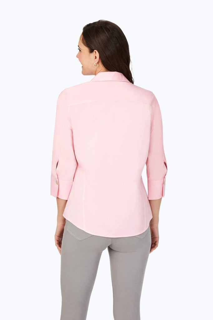 Rear view of the Paityn pinpoint 3/4 sleeve shirt in #color_chambray pink