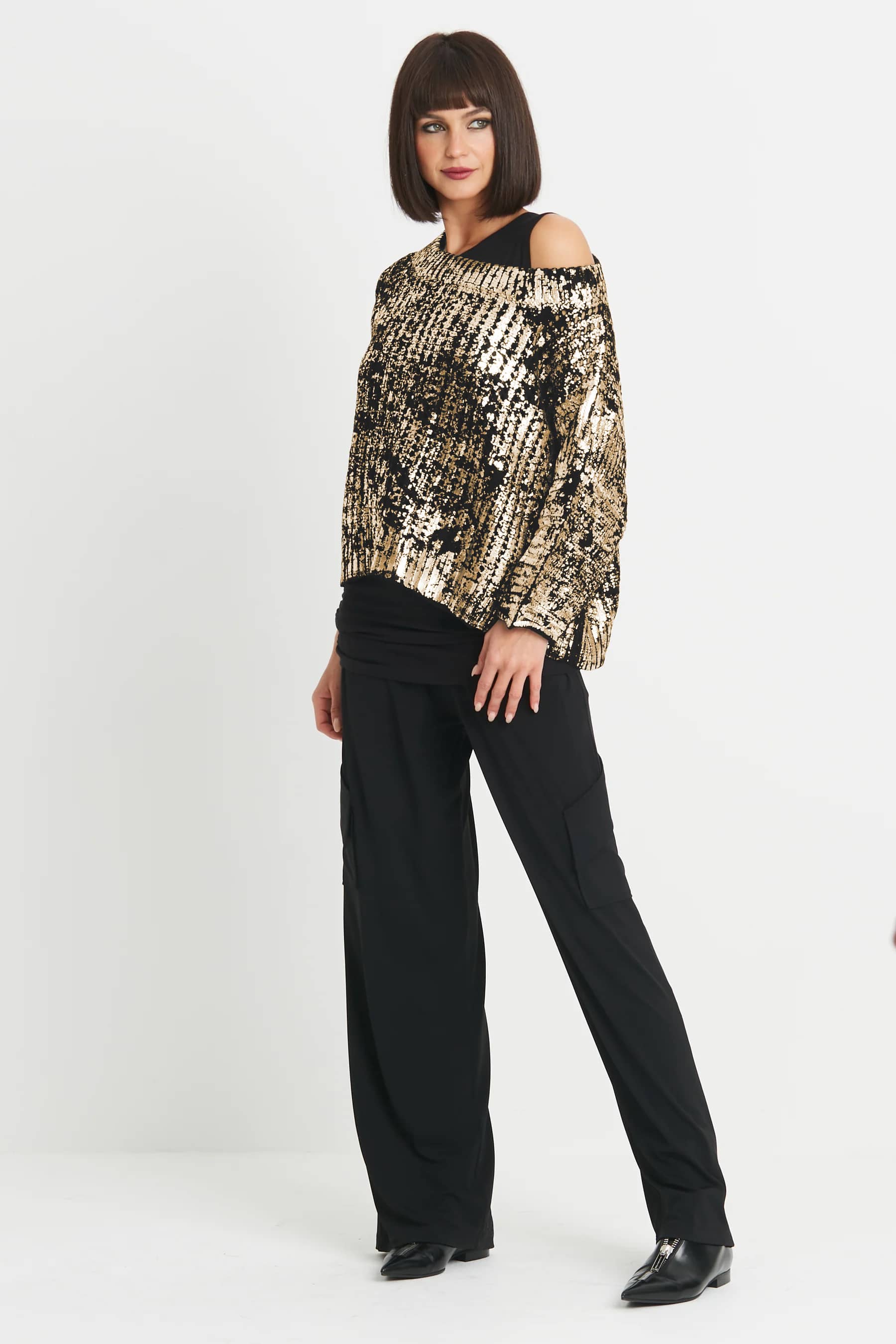 Cotton Metallic Crochet Boatneck Sweater
