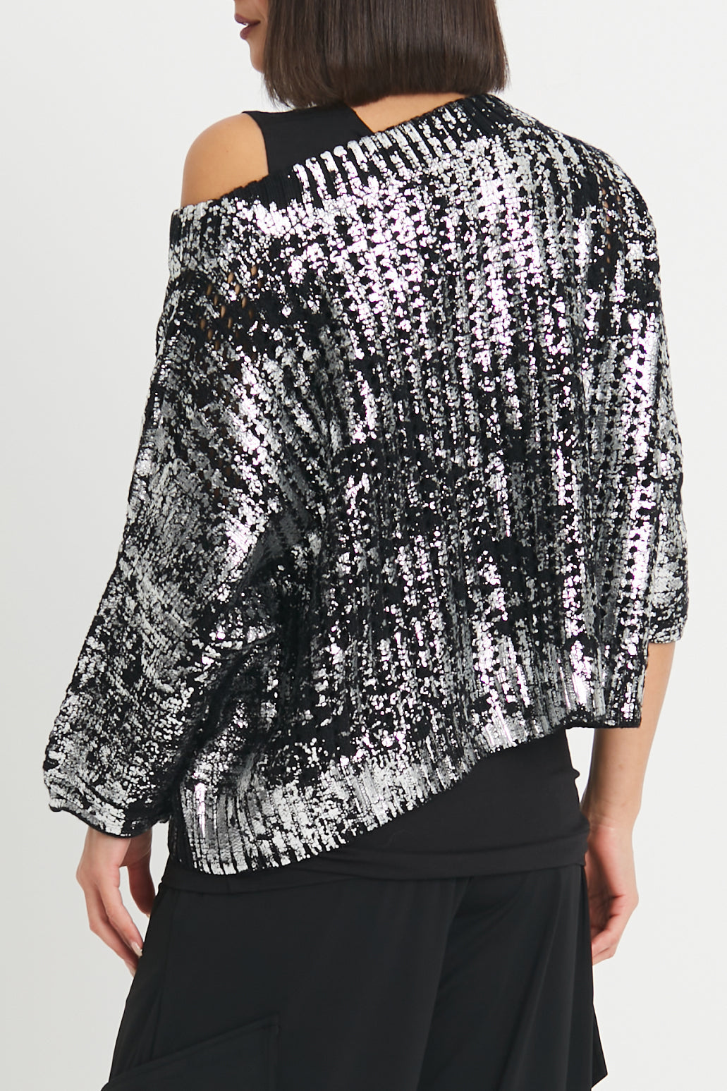 Cotton Metallic Crochet Boatneck Sweater