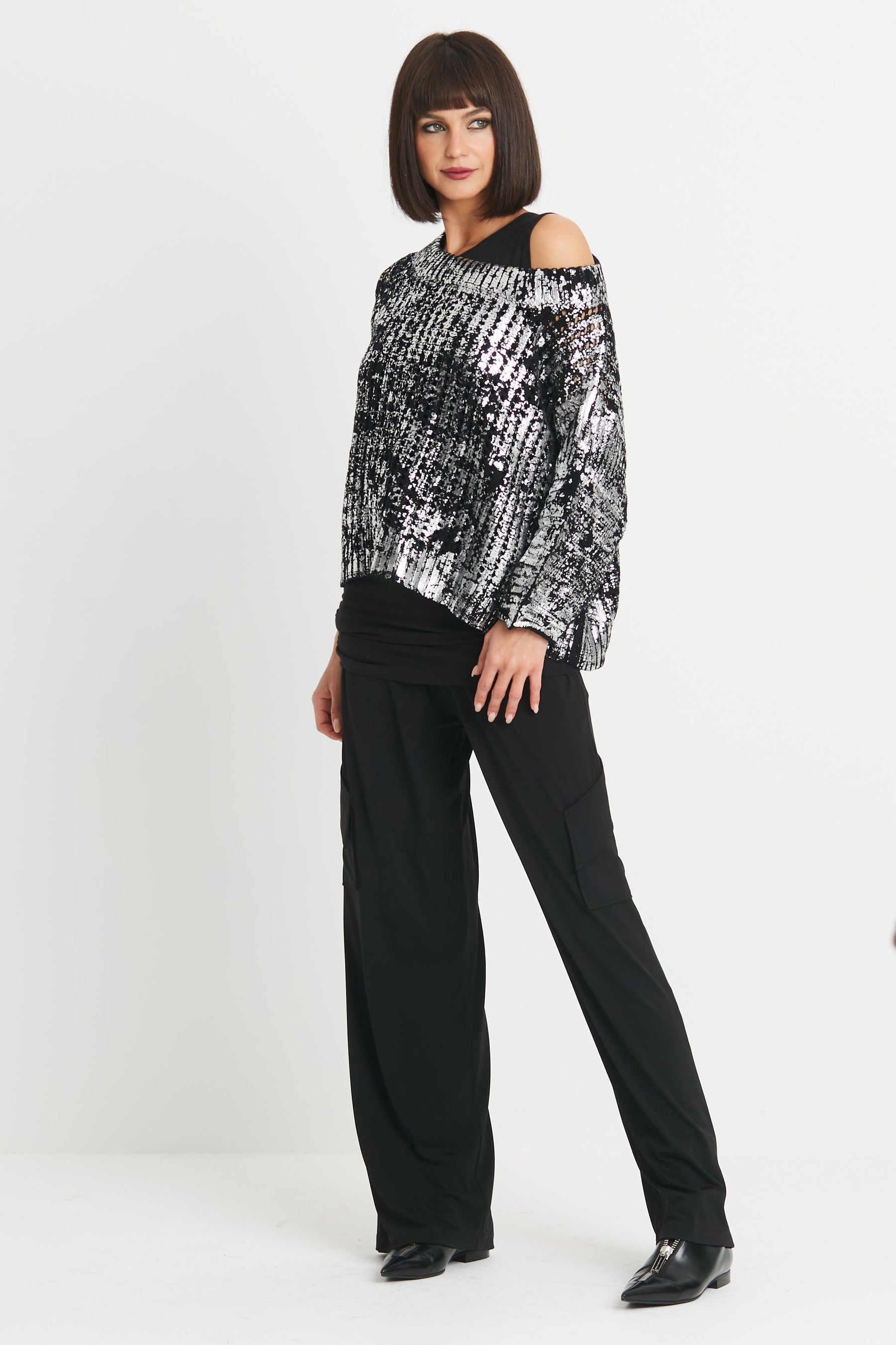 Cotton Metallic Crochet Boatneck Sweater