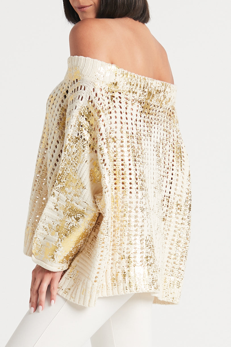 Cotton Metallic Crochet Boatneck Sweater