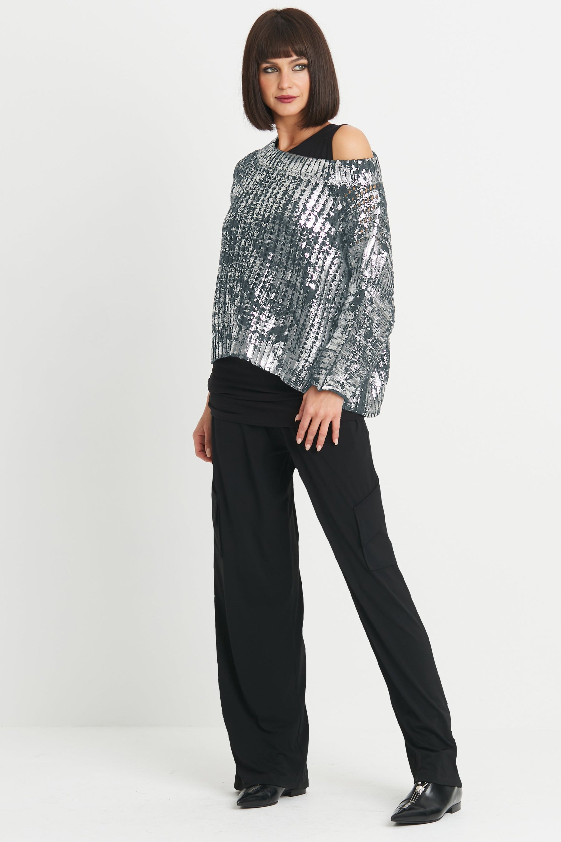 Cotton Metallic Crochet Boatneck Sweater