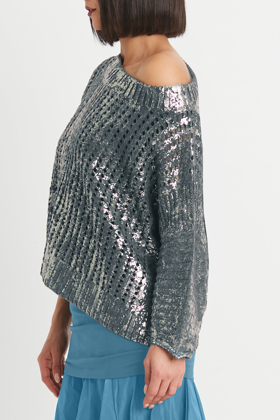 Cotton Metallic Crochet Boatneck Sweater