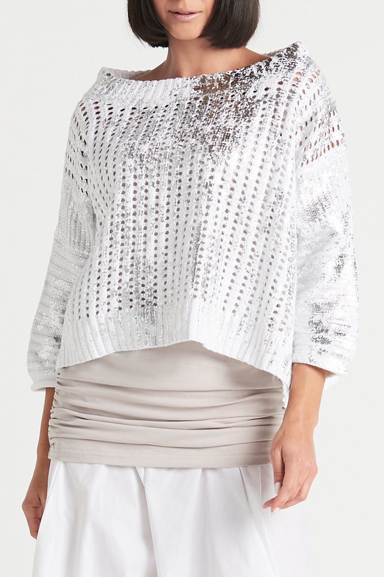 Cotton Metallic Crochet Boatneck Sweater
