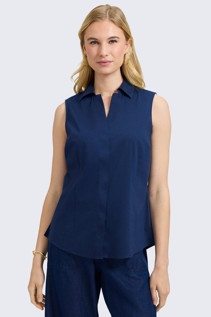 Front view of Taylor No Iron Stretch Sleeveless Shirt #color_navy
