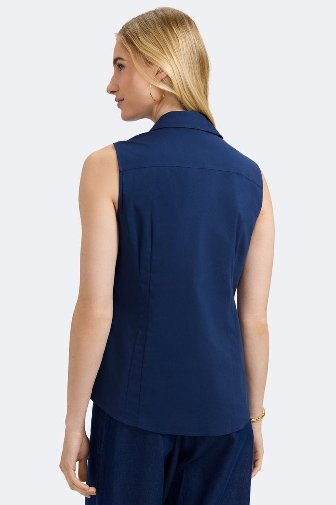 Back view of the Taylor No Iron Stretch Sleeveless Shirt #color_navy