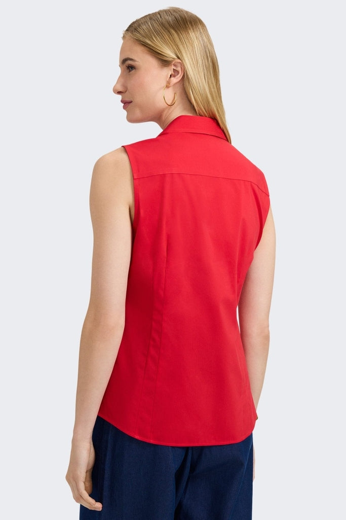 Angled back view of Taylor No Iron Stretch Sleeveless Shirt #color_simply red