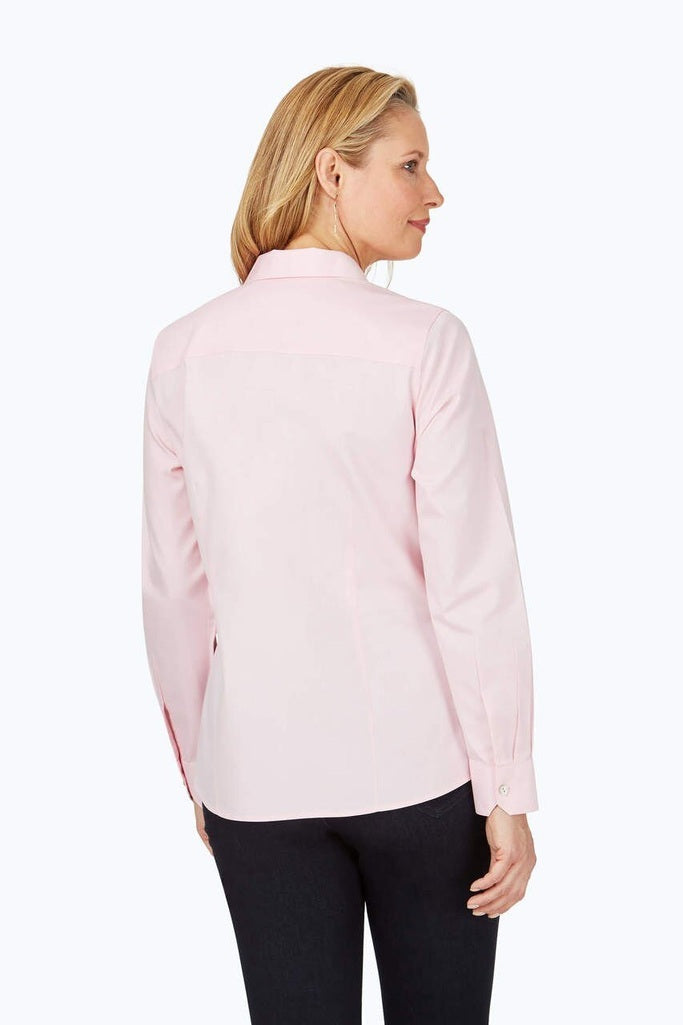 Back view of a woman wearing the Dianna Essential Pinpoint Non-Iron Shirt #color_chambray pink