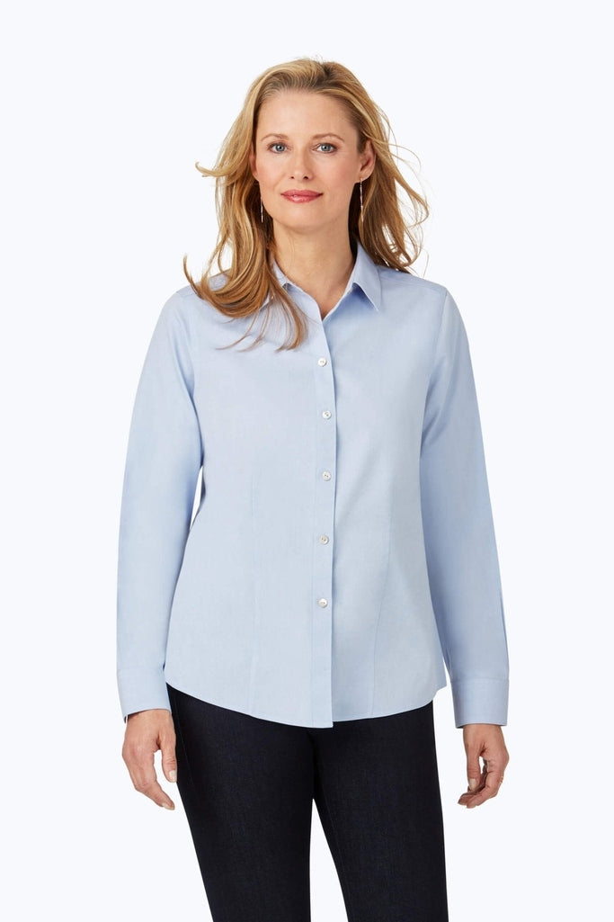 Front view of a woman wearing the Dianna No Iron Pinpoint Long Sleeve Shirt #color_blue wave