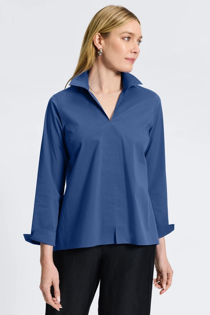Agnes no iron stretch long sleeve popover shirt in #color_pacific blue