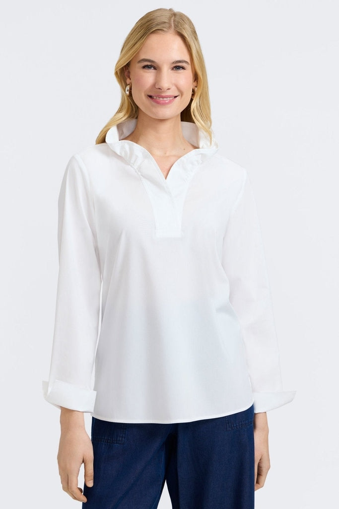 Front view of a woman wearing the Tammy No Iron Stretch Long Sleeve Popover Shirt #color_white