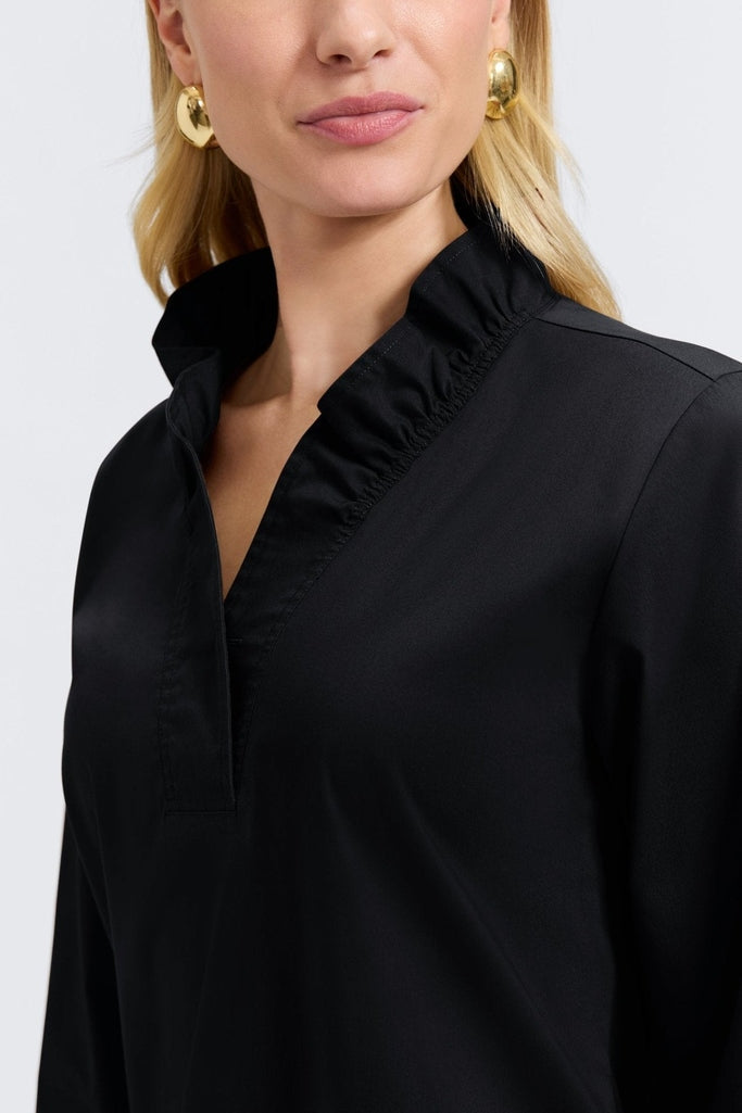 Close up view of the ruffled neckline on the Tammy No Iron Stretch Long Sleeve Popover Shirt #color_black