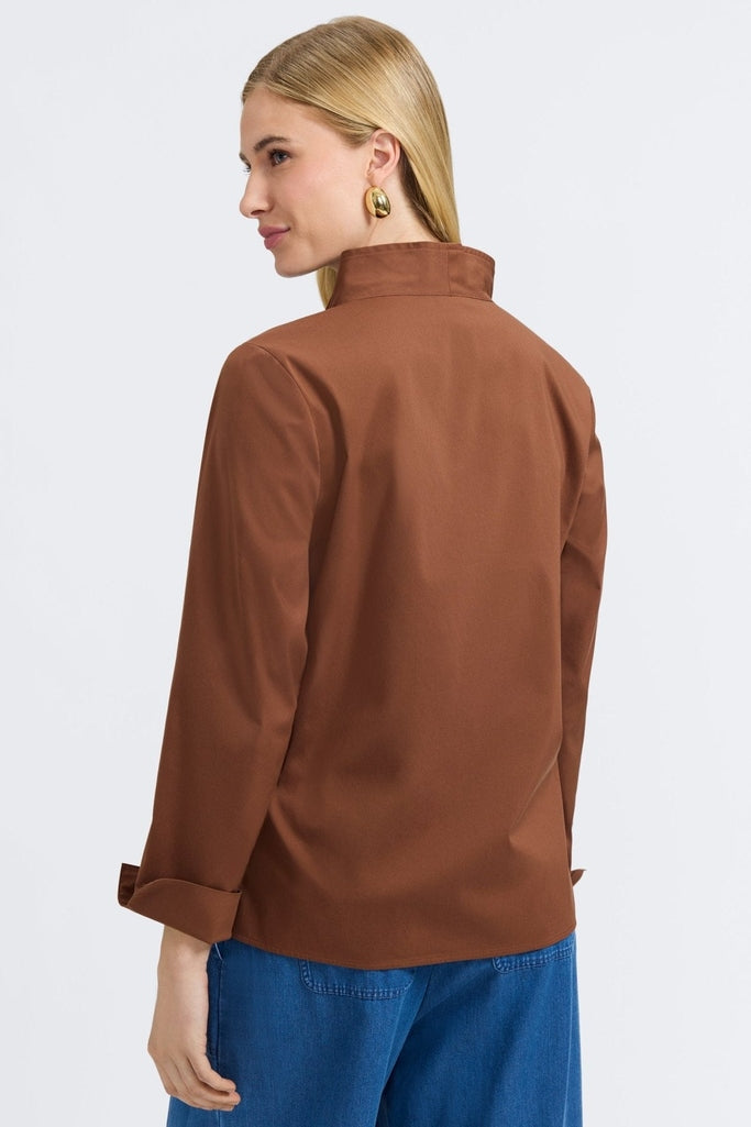 Back view of a woman wearing the Tammy No Iron Stretch Long Sleeve Popover Shirt #color_macchiato