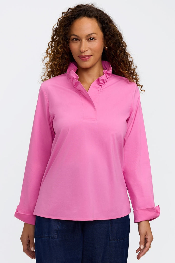 Front view of a woman wearing the Tammy No Iron Stretch Long Sleeve Popover Shirt #color_guava pink