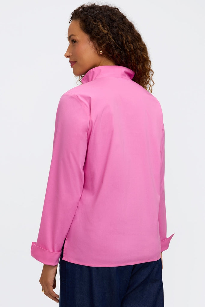 Back view of a woman wearing the Tammy No Iron Stretch Long Sleeve Popover Shirt #color_guava pink