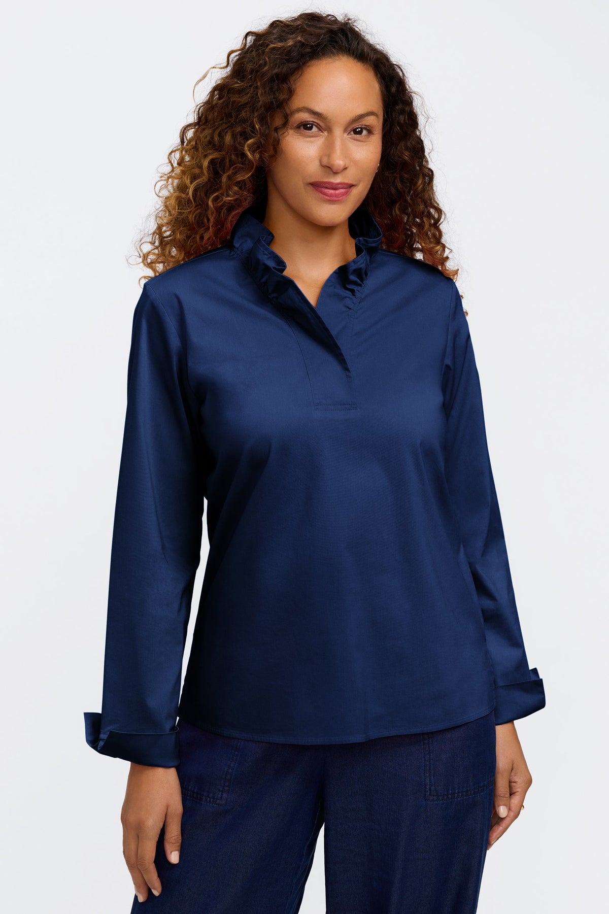 Front view of a woman wearing the Tammy No Iron Stretch Long Sleeve Popover Shirt #color_navy