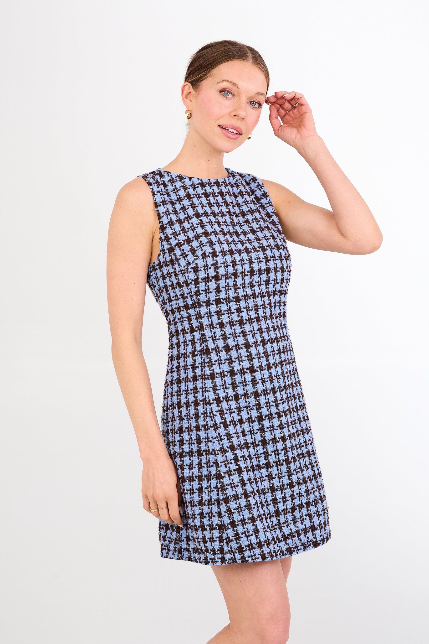 Avery Dress Blue and Brown Houndstooth Tweed