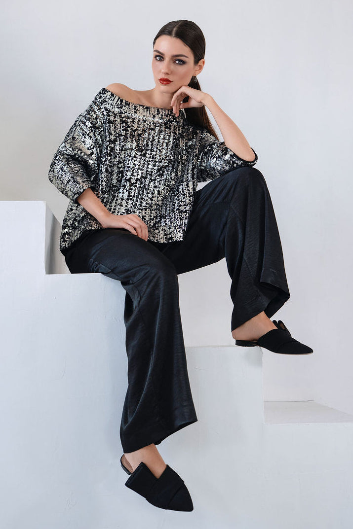 Cotton Metallic Crochet Boatneck Sweater