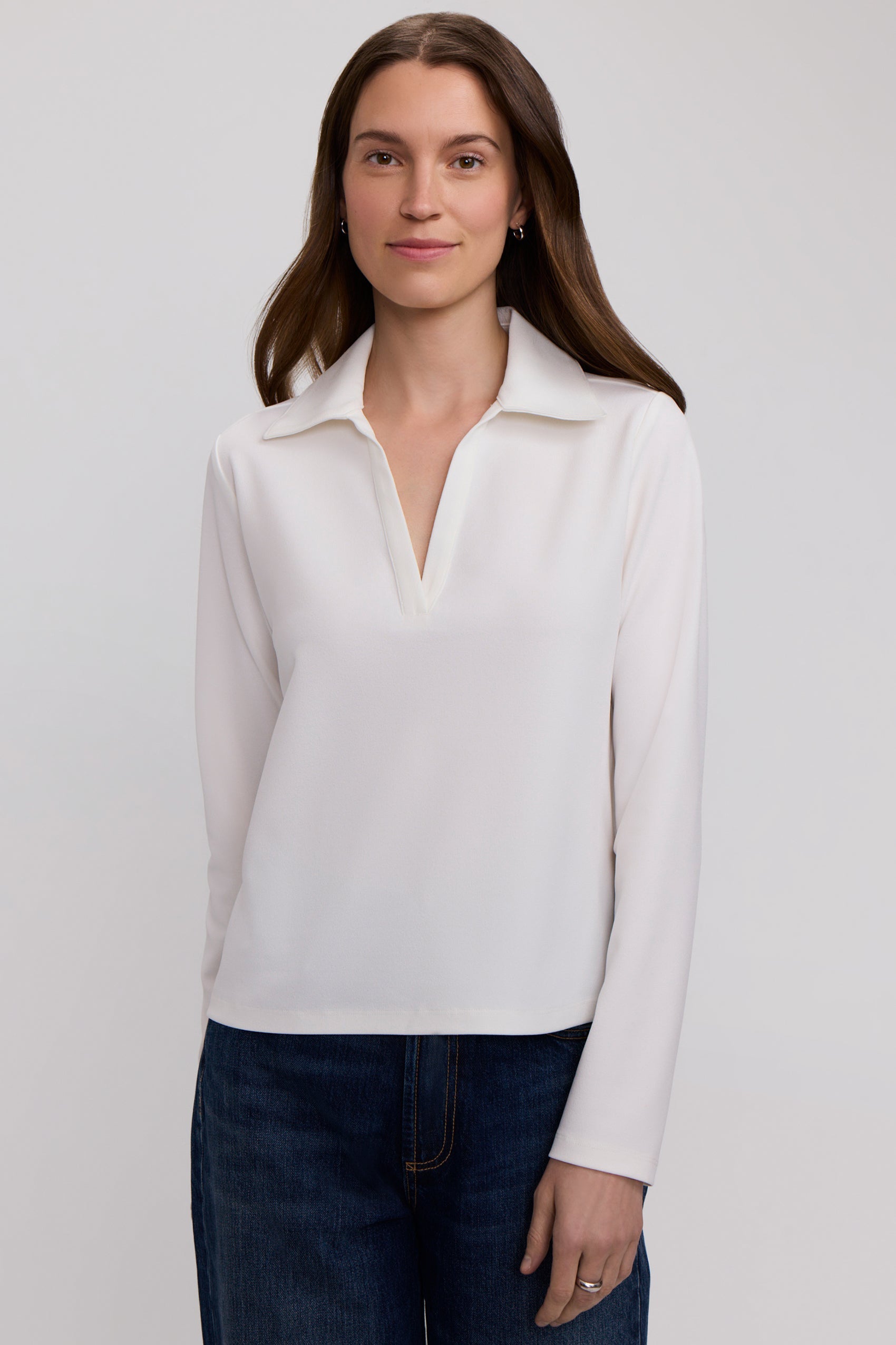 Talia Knit Crepe Long Sleeve Polo Top
