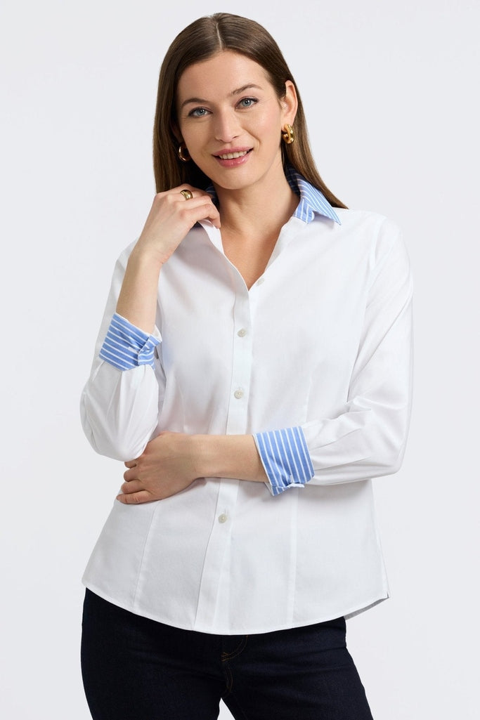 Front view of the Dianna No Iron Pinpoint Long Sleeve Shirt with folded cuffs showing striped pattern