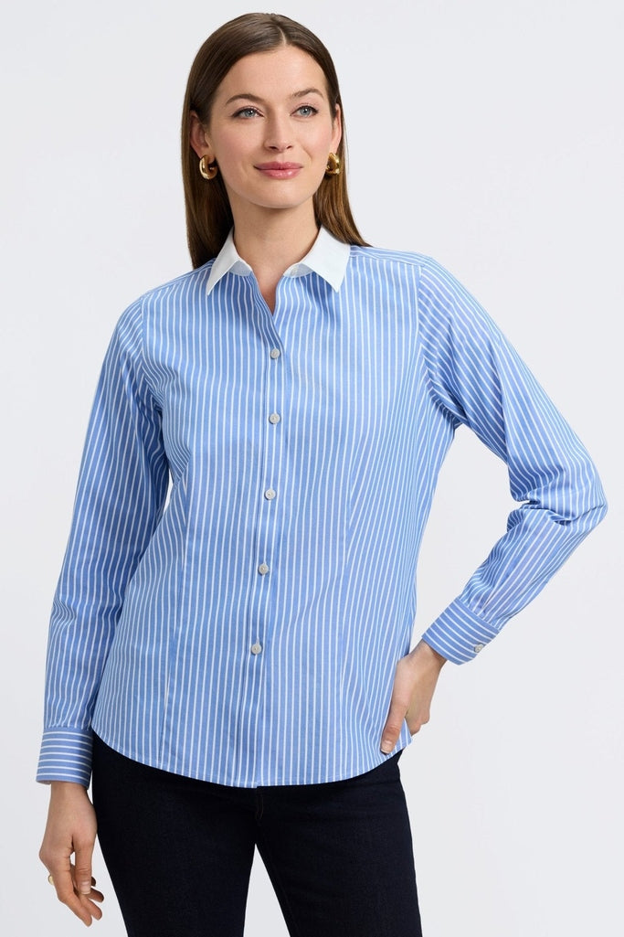 Front view of the Dianna No Iron Pinpoint Long Sleeve Shirt with unfolded sleeves