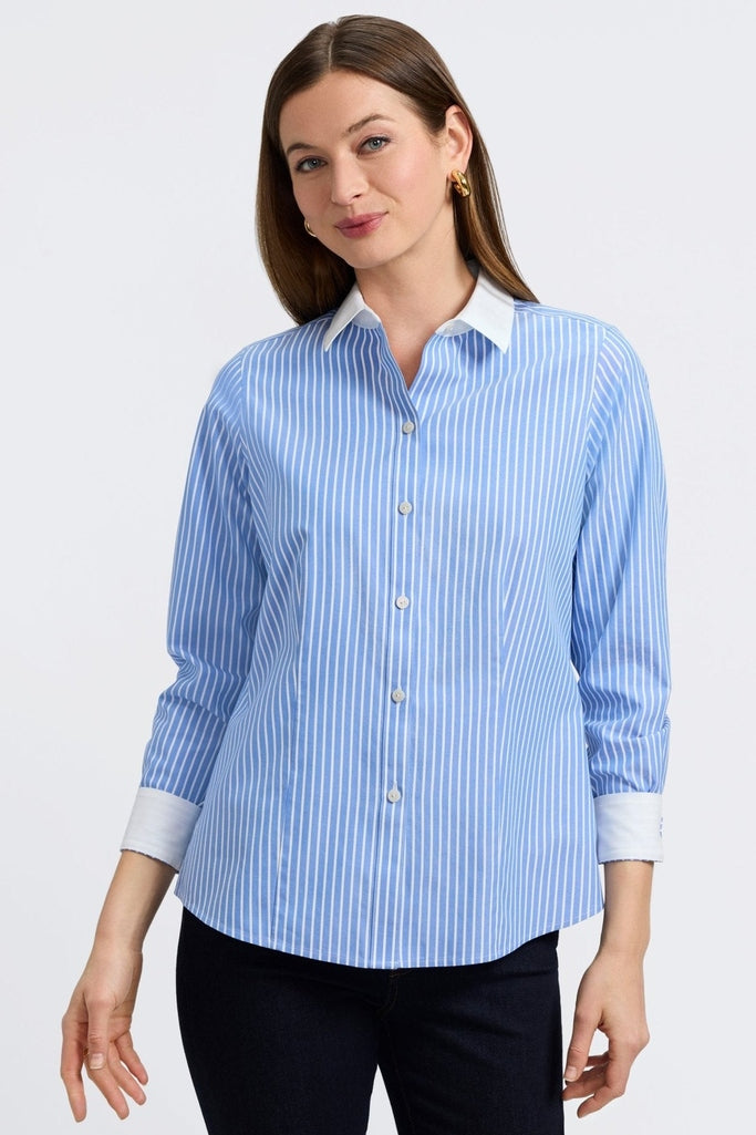 Front view of the Dianna No Iron Pinpoint Long Sleeve Shirt with folded cuffs