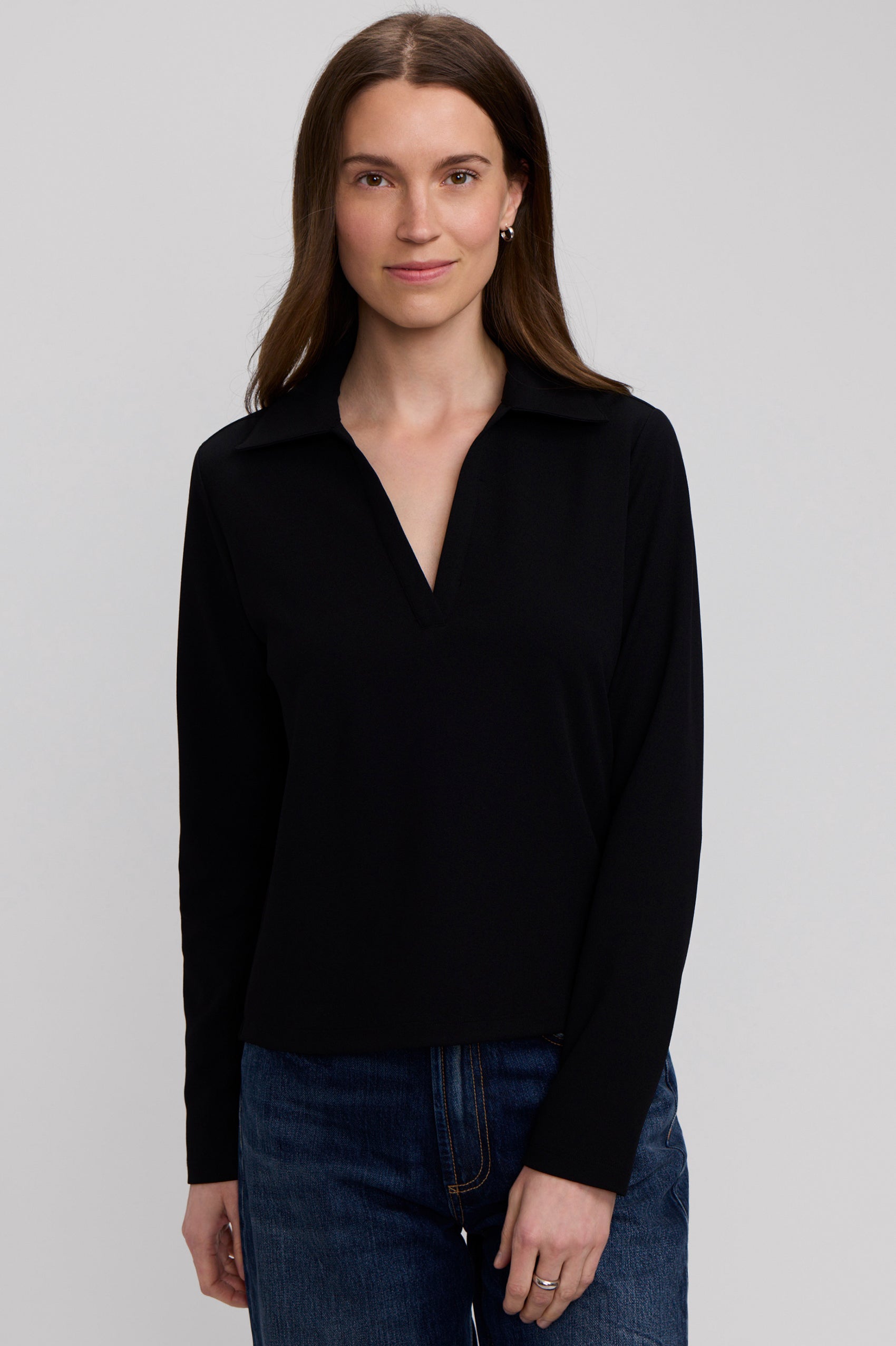 Talia Knit Crepe Long Sleeve Polo Top
