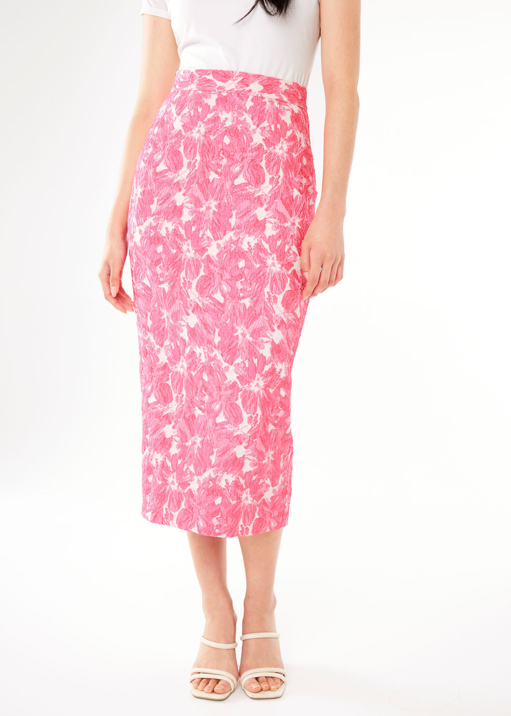 Julia Pencil Skirt Hot Pink Hibiscus Jacquard