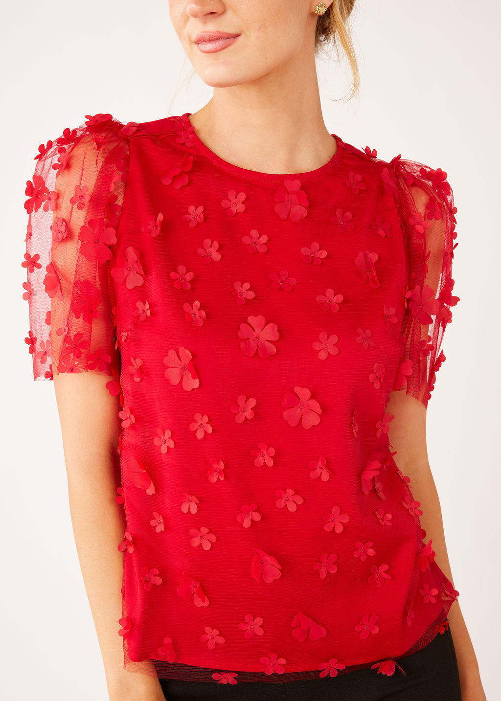 Marty Top Red Floral Applique Tulle
