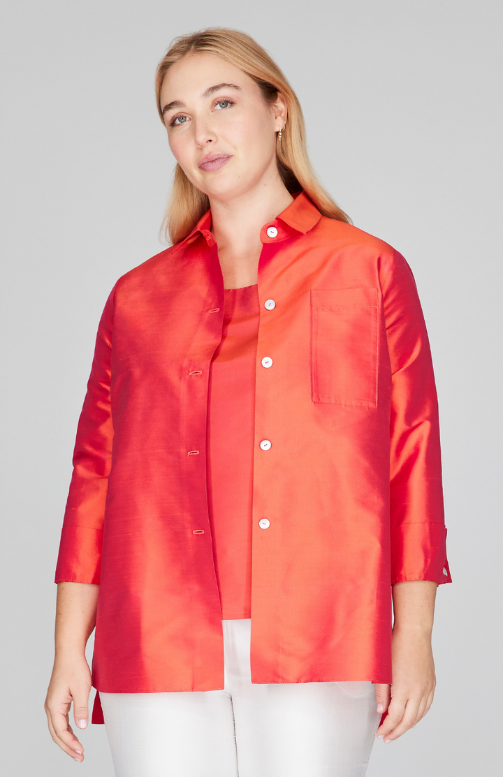 Silk Shantung Collared Button Down w/ Side Tab
