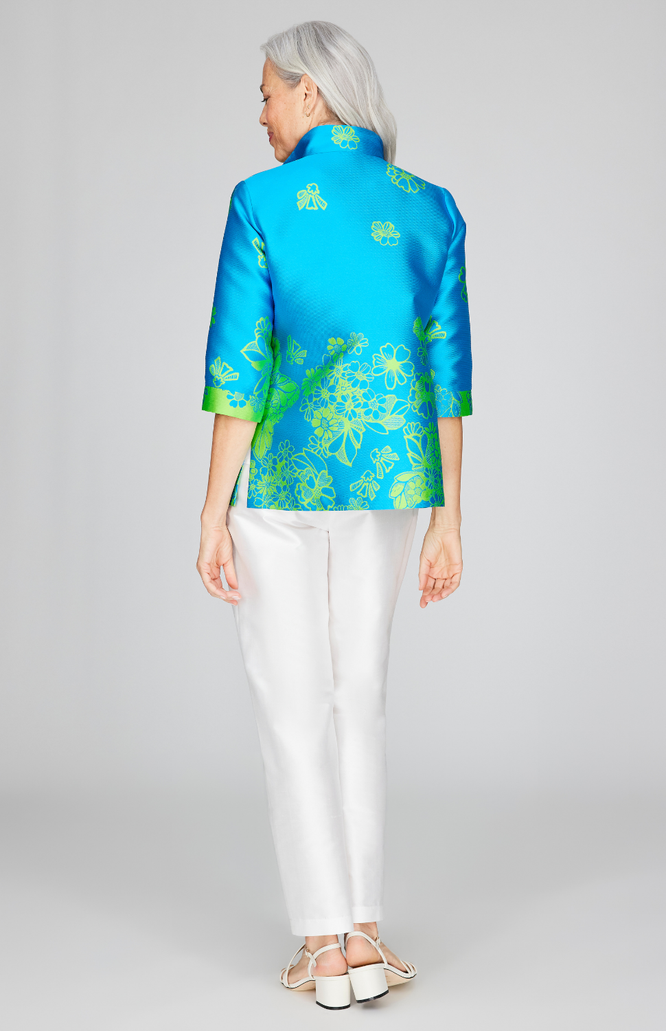 Graphic Flora Jacquard Open Front High Neck Shirt Jacket