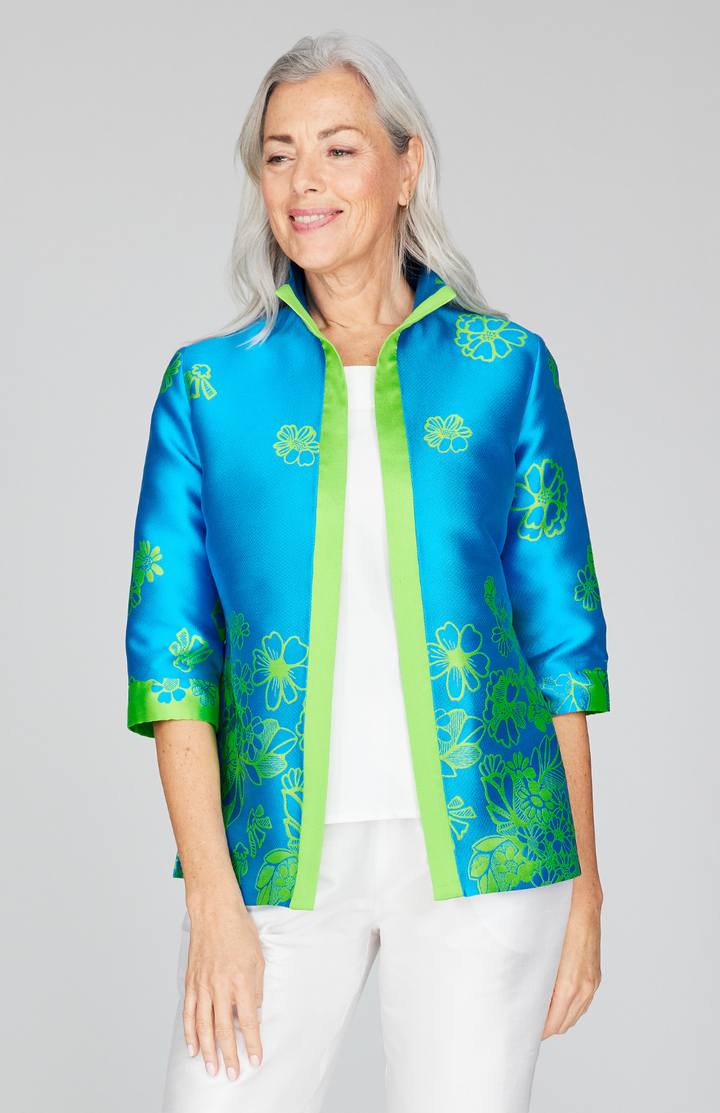 Graphic Flora Jacquard Open Front High Neck Shirt Jacket