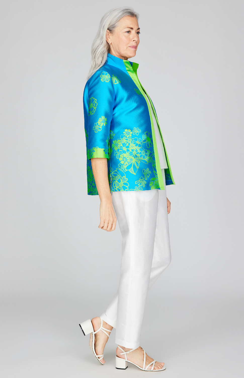 Graphic Flora Jacquard Open Front High Neck Shirt Jacket