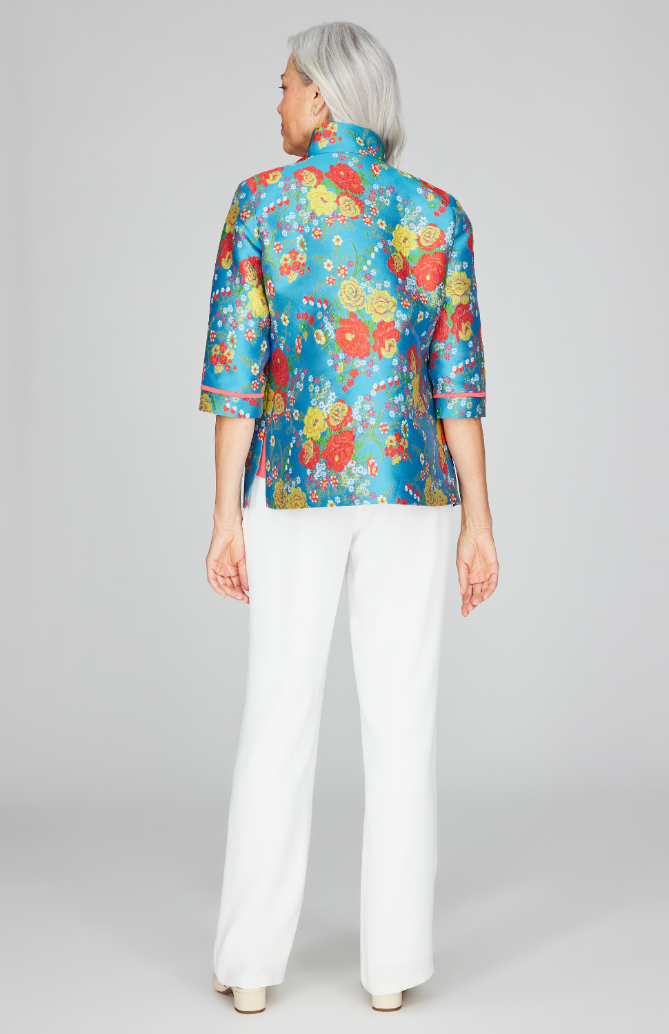 Summer Blooms Jacquard Open Front High Neck Shirt Jacket