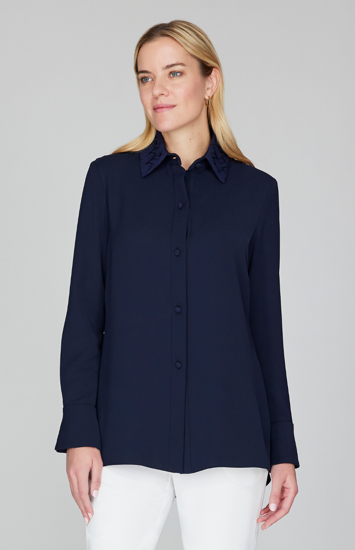 Lattice Smocking Collared Button Down Shirt