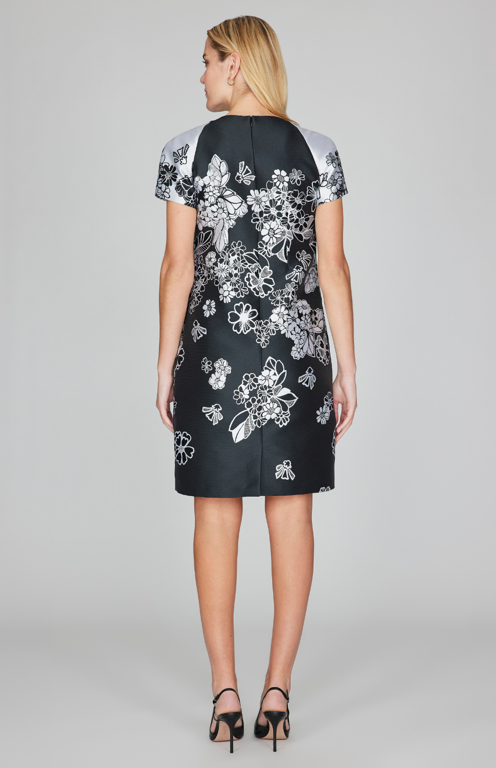 Graphic Flora Jacquard Sheath Dress w/ Contrast Cap Sleeve