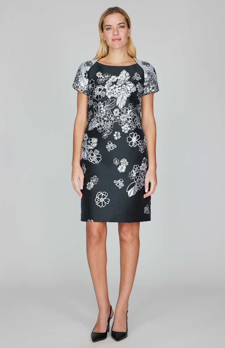Graphic Flora Jacquard Sheath Dress w/ Contrast Cap Sleeve