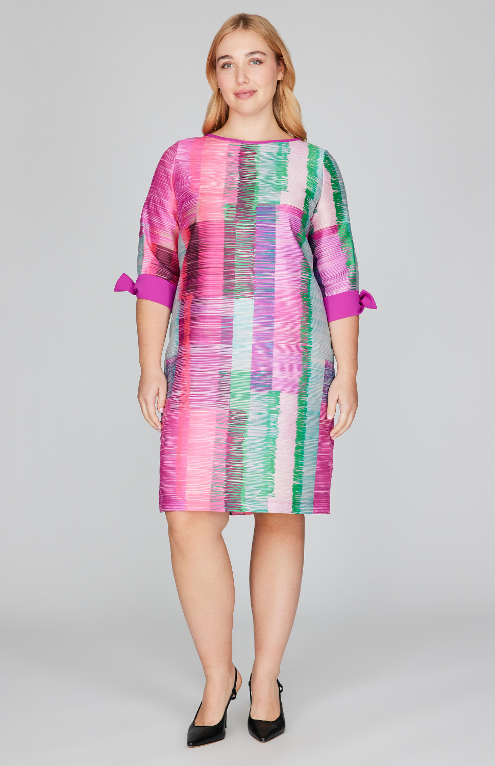 Linear Expressionist Organza 3/4 Sleeve Sheath Dress