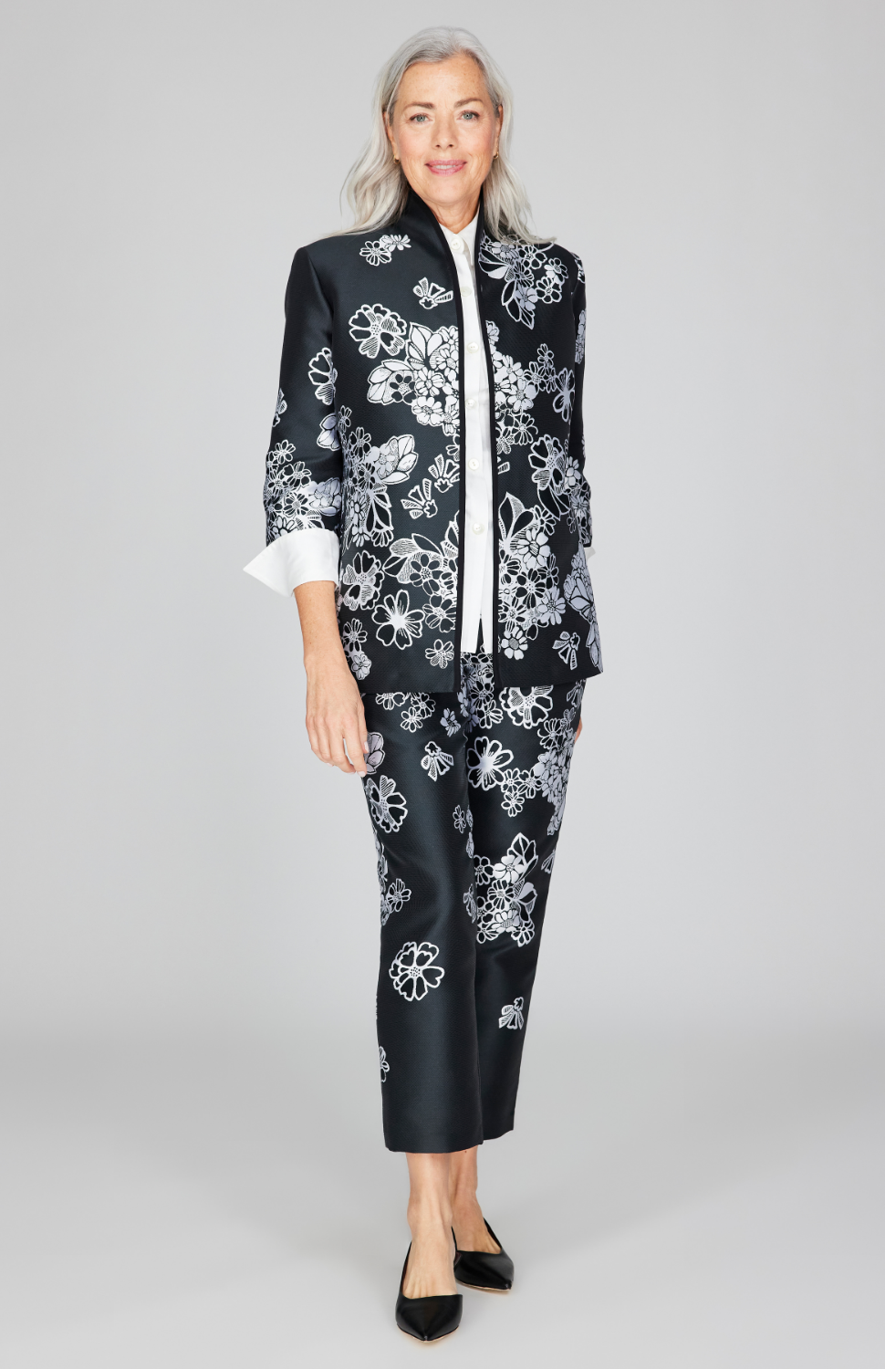Graphic Flora Jacquard Narrow Crop Pants w/ Pockets