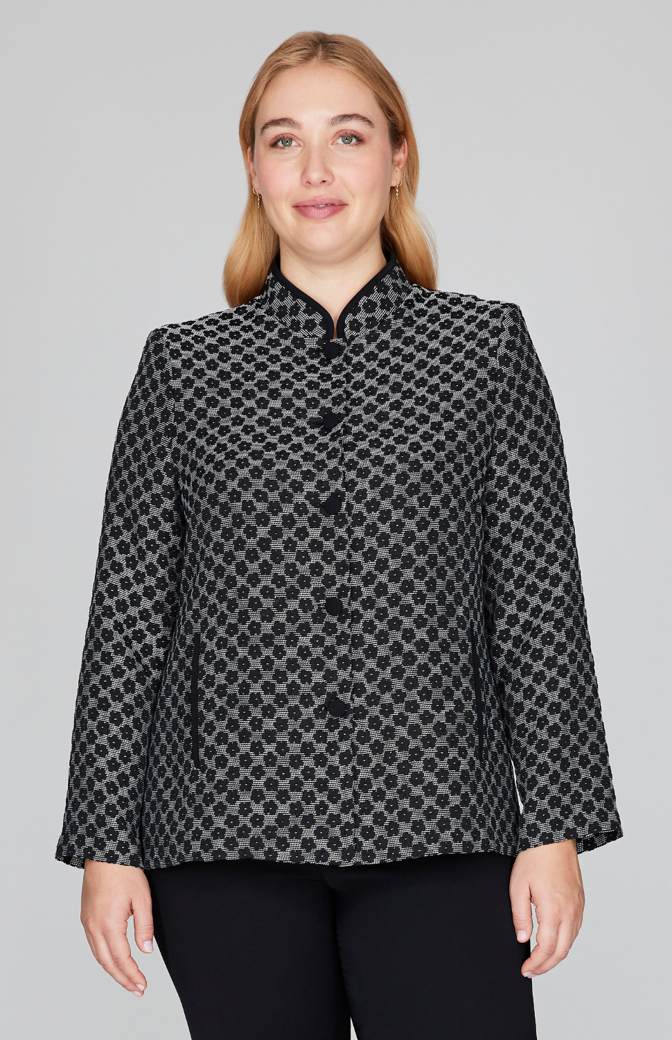 Textured Floral Jacquard Mandarin Collar Jacket