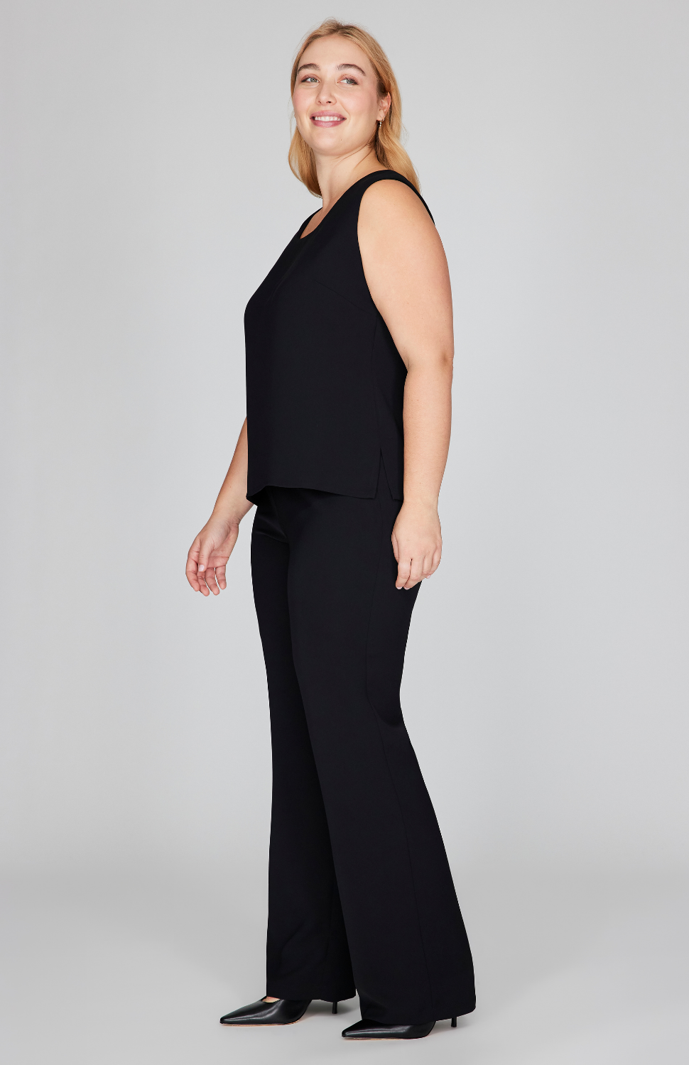 Lustrous Crepe Essential Straight Leg Pant w/Flat Front & Back Elastic