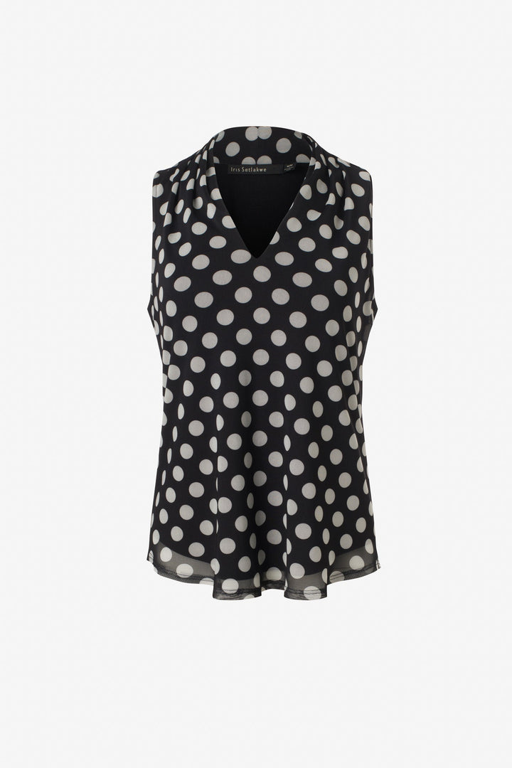 Polka dot mesh sleeveless pleated v-neck top