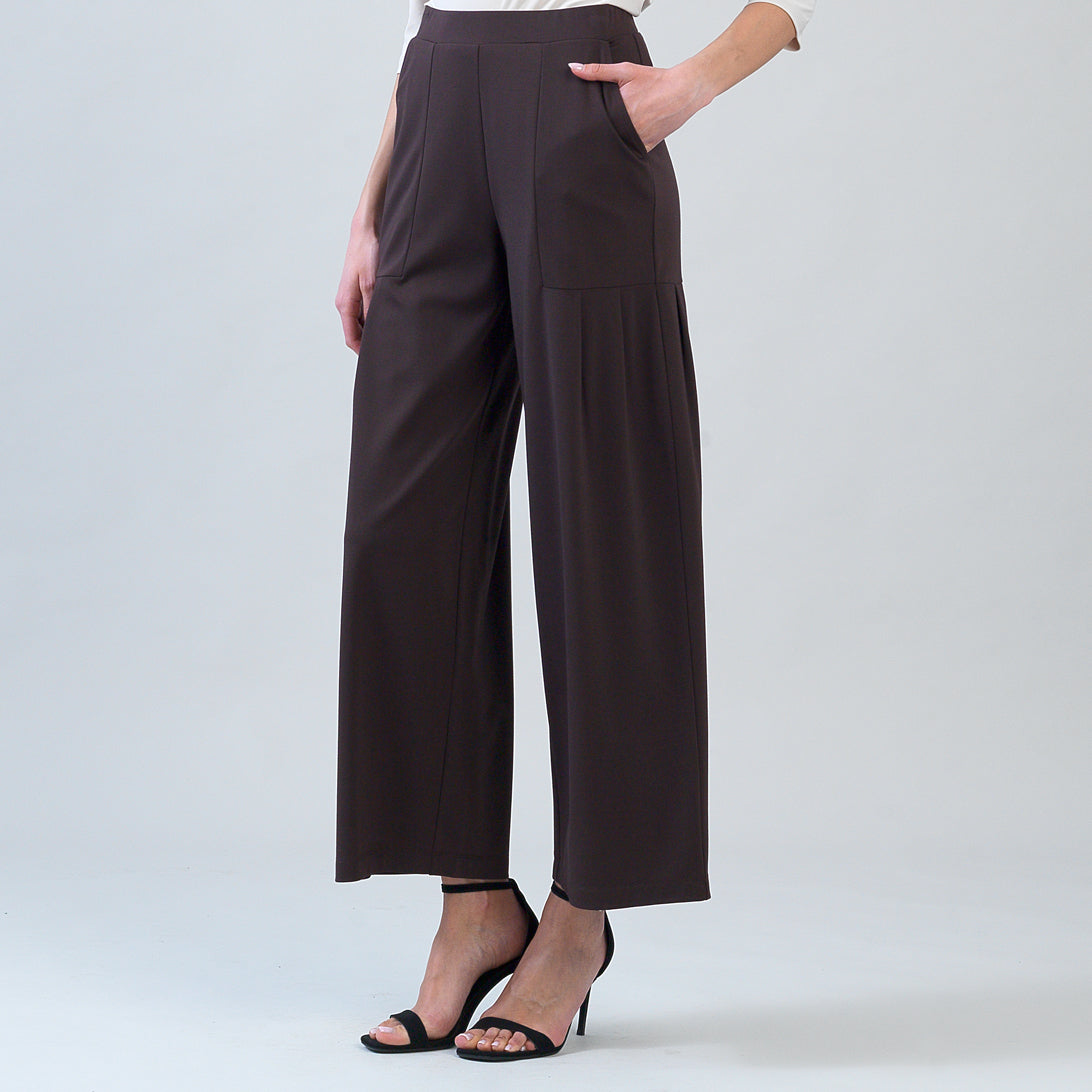 Rayon-Ponte Knit - Pleated Wide Leg Pocket Pant - Brown