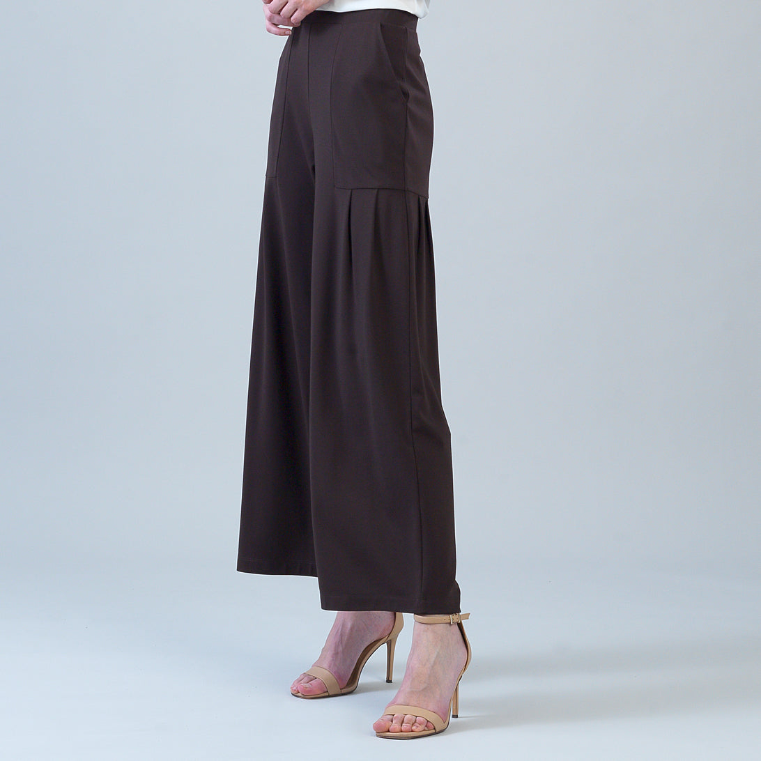 Rayon-Ponte Knit - Pleated Wide Leg Pocket Pant - Brown