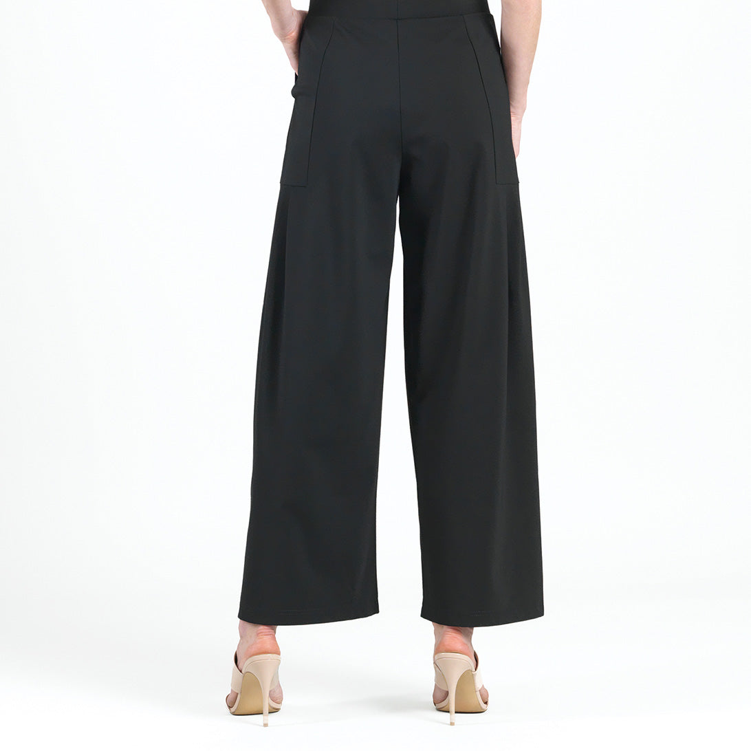 Rayon-Ponte Knit - Pleated Wide Leg Pocket Pant - Black - Clara Sunwoo